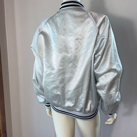 Vintage Satin Silver Gray Striped Rare Eagle Patch Nylon Bomber Jacket Men’s Lar - Picture 6 of 13